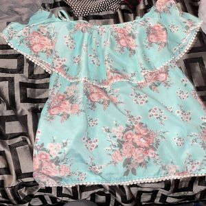 Flower pattern designs, light blue back ground, off shoulder look